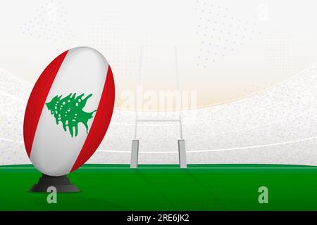 Ballon de rugby de l'équipe nationale du Liban sur le stade de rugby et les poteaux de but, se préparant à un penalty ou coup franc. Illustration vectorielle. Illustration de Vecteur