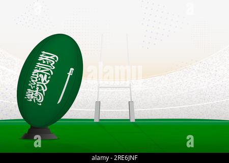 Ballon de rugby de l'équipe nationale d'Arabie Saoudite sur le stade de rugby et les poteaux de but, se préparant à un penalty ou coup franc. Illustration vectorielle. Illustration de Vecteur