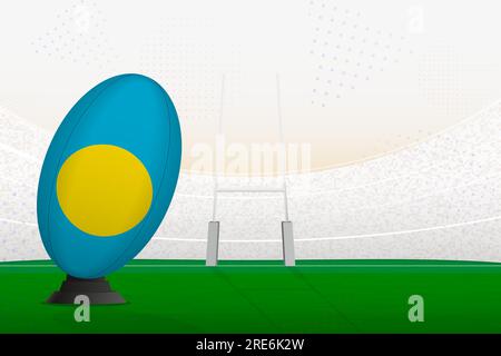 Ballon de rugby de l'équipe nationale des Palaos sur le stade de rugby et les poteaux de but, se préparant à un penalty ou coup franc. Illustration vectorielle. Illustration de Vecteur