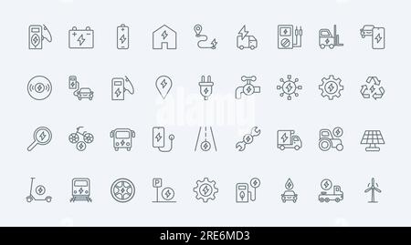 Les icônes de véhicules électriques et de ligne mince d'énergie définissent l'illustration vectorielle. Symboles de service EV, consommation efficace d'énergie électrique, production et stockage pour sauver l'environnement, points de chargeur de batterie Illustration de Vecteur