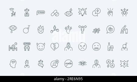 Les icônes de ligne fine de contrainte définissent l'illustration vectorielle. Soulignez les symboles de l'anxiété et de la fatigue, la gueule de bois et l'épuisement professionnel, l'homme malade fatigué avec la batterie faible, la personne en colère et nerveuse avec la vapeur de la tête Illustration de Vecteur