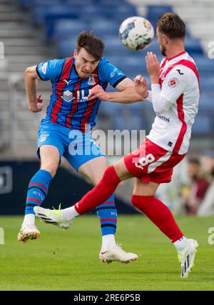 Caledonian Stadium, Inverness, Royaume-Uni. 25 juillet 2023. C'est de l'égalité de la Viaplay Cup entre l'Inverness Caledonian Thistle FC (ICT) et l'Airdrieonians FC. CONTENU DE L'IMAGE:- TIC - Jake Davidson crédit : Jasperimage/Alamy Live News Banque D'Images