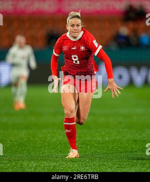 25 2023 juillet : Nadine Riesen (Suisse) se penche sur un match du Groupe A - coupe du monde féminine de la FIFA, Australie et Nouvelle-Zélande 2023, Suisse vs Norvège, au FMG Stadium Waikato, Hamilton, Nouvelle-Zélande. Kim Price/CSM Banque D'Images