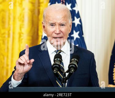 Washington, États-Unis. 25 juillet 2023. Le président Joe Biden s'exprimant lors d'un événement à la Maison Blanche à Washington, DC sur l'élargissement de l'accès aux soins de santé mentale. Crédit : SOPA Images Limited/Alamy Live News Banque D'Images