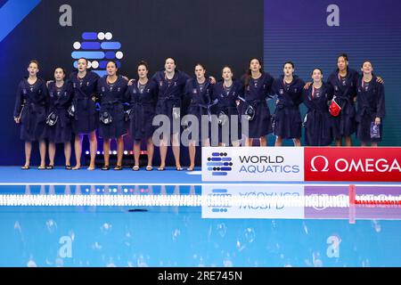 Fukuoka, Japon. 26 juillet 2023. FUKUOKA, JAPON - JUILLET 26 : alignement de l'équipe de France lors des Championnats du monde aquatiques 2023 Classification de Waterpolo féminin 9e-10e place match entre Israël et la France le 26 juillet 2023 à Fukuoka, Japon (photo d'Albert Ten Hove/Orange Pictures) crédit : Orange pics BV/Alamy Live News Banque D'Images