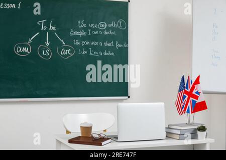 Différents drapeaux avec des livres et un ordinateur portable sur la table dans la salle de classe anglaise Banque D'Images