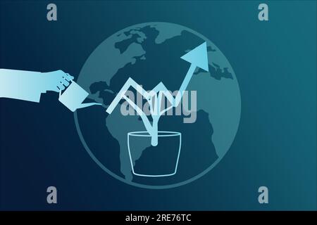 business main arroser une plante dans un pot avec une flèche montante sur fond bleu. carte du monde. Graphique d'affaires graphique du trading d'investissement boursier. Illustration de Vecteur