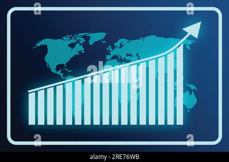 Graphique d'affaires avec la flèche montante croissante et la carte du monde sur fond bleu. Concept commercial. Illustration vectorielle Illustration de Vecteur