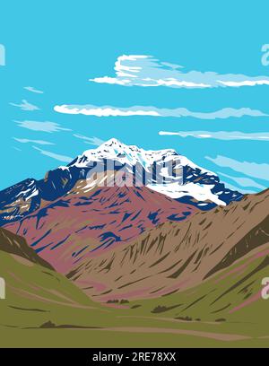 WPA affiche art du parc provincial de l'Aconcagua dans la cordillère principale de la chaîne de montagnes des Andes, province de Mendoza en Argentine fait en travaux proj Banque D'Images