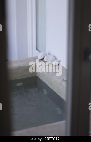 Décoration relaxante pierres de galets blanches au coin d'une petite piscine domestique Banque D'Images