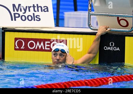 Fukuoka, Japon. 26 juillet 2023. FUKUOKA, JAPON - 26 JUILLET : Kira Toussaint des pays-Bas après avoir participé au 50m dos féminin le jour 13 des Championnats du monde de natation de Fukuoka 2023 au Marine Messe Fukuoka Hall A le 26 juillet 2023 à Fukuoka, Japon. (Photo Nikola Krstic/Agence BSR) crédit : Agence BSR/Alamy Live News Banque D'Images