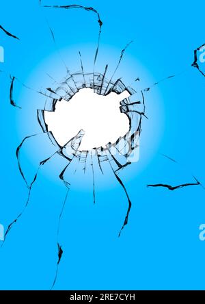 Gros plan d'un trou avec des fissures dans une fenêtre cassée. L'effet de la destruction du verre par un tir d'une arme Banque D'Images
