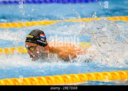 Fukuoka, Japon. 26 juillet 2023. FUKUOKA, JAPON - 26 JUILLET : Nyls Korstanje des pays-Bas en compétition dans le relais Medley mixte 4x100m le jour 13 des Championnats du monde aquatiques de Fukuoka 2023 au Marine Messe Fukuoka Hall A le 26 juillet 2023 à Fukuoka, Japon. (Photo Nikola Krstic/Agence BSR) crédit : Agence BSR/Alamy Live News Banque D'Images