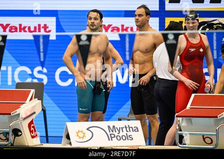 Fukuoka, Japon. 26 juillet 2023. FUKUOKA, JAPON - JUILLET 26 : Arno Kamminga des pays-Bas, Maaike de Waard des pays-Bas et Nyls Korstanje des pays-Bas après avoir participé au Relais Medley Mix100m le jour 13 des Championnats du monde de natation de Fukuoka 2023 au Marine Messe Fukuoka Hall A le 26 juillet 2023 à Fukuoka, Japon. (Photo Nikola Krstic/Agence BSR) crédit : Agence BSR/Alamy Live News Banque D'Images