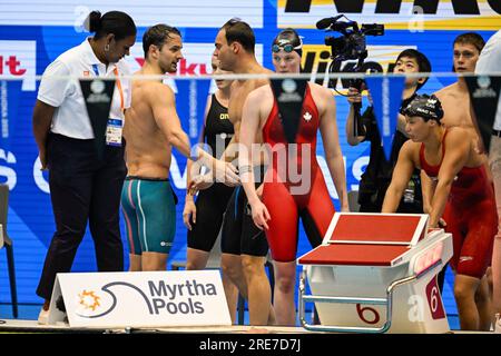 Fukuoka, Japon. 26 juillet 2023. FUKUOKA, JAPON - JUILLET 26 : Arno Kamminga des pays-Bas, Maaike de Waard des pays-Bas et Nyls Korstanje des pays-Bas après avoir participé au Relais Medley Mix100m le jour 13 des Championnats du monde de natation de Fukuoka 2023 au Marine Messe Fukuoka Hall A le 26 juillet 2023 à Fukuoka, Japon. (Photo Nikola Krstic/Agence BSR) crédit : Agence BSR/Alamy Live News Banque D'Images