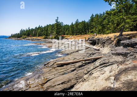 Rivage avec tentes de camping-car visibles au parc provincial Ruckle, île Salt Spring, Colombie-Britannique, Canada. Banque D'Images