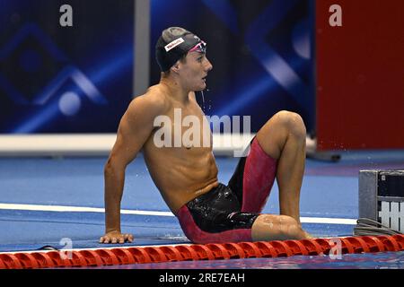 Fukuoka, Japon. 26 juillet 2023. Le Belge Lucas Henveaux photographié au Relais mixte 4x100m, aux Championnats du monde aquatiques nageant à Fukuoka, au Japon, le mercredi 26 juillet 2023. BELGA PHOTO NIKOLA KRSTIC crédit : Belga News Agency/Alamy Live News Banque D'Images