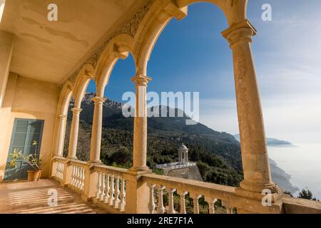 Maison Musée de son Marroig, terrasse sur la Méditerranée, Valldemossa, Majorque, îles Baléares, espagne, europe Banque D'Images