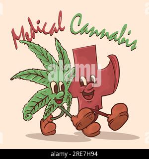 funky face weed amis avec symbole médical pour la mascotte rétro de cannabis médical. illustration vectorielle de mascotte de style vintage Illustration de Vecteur