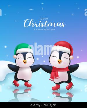 Conception vectorielle de personnages de pingouin de Noël. Joyeux noël et bonne année texte de salutation avec le personnage de pingouins souriants jumeaux en hiver de neige Illustration de Vecteur