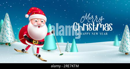 Joyeux chritsmas conception de vecteur de texte. Salutation de Noël avec le personnage du père noël chevauchant dans les éléments de ski dans le fond d'hiver de neige. Vecteur Illustration de Vecteur