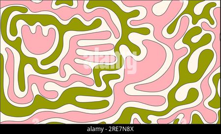Fond floral liquide groovy. Motif rétro abstrait dans le style hippie. Formes et figures vectorielles vertes et roses. Papier peint esthétique vintage funky Illustration de Vecteur