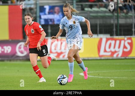 La Louvière, Belgique. 24 juillet 2023. Photographié lors d'un match de football féminin entre les équipes nationales féminines de moins de 19 ans de l'Autriche et de la Belgique au Tournoi final de L'UEFA féminin des moins de 19 ans le troisième jour de match dans le groupe A le mardi 24 juillet 2023 à la Louvière, Belgique . Crédit : Sportpix/Alamy Live News Banque D'Images