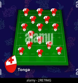 Équipe nationale de rugby des Tonga sur le terrain de rugby. Illustration de la position des joueurs sur le terrain. Modèle vectoriel. Illustration de Vecteur