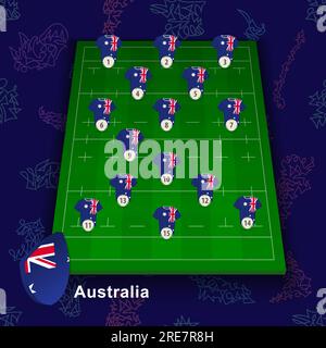 Équipe nationale australienne de rugby sur le terrain de rugby. Illustration de la position des joueurs sur le terrain. Modèle vectoriel. Illustration de Vecteur