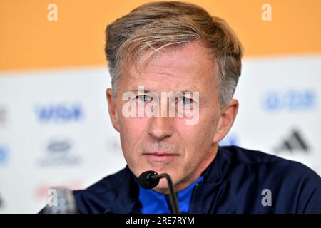 L'entraîneur-chef Andries Jonker des pays-Bas parle à la presse lors de la conférence de presse des pays-Bas au stade régional Wellington, Wellington, Nouvelle-Zélande, mercredi 26 juillet 2023.Copyright photo : Masanori Udagawa/www.photosport.nz pays-bas out - belgique out Banque D'Images