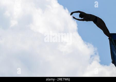 Fukuoka, Japon. 26 juillet 2023. L'italienne ELISA Cosetti concourt au 20m de haut féminin aux Championnats du monde aquatiques 2023 à Fukuoka, Japon, le 26 juillet 2023. Crédit : Xu Chang/Xinhua/Alamy Live News Banque D'Images