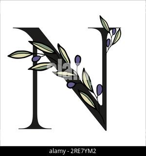 Lettre alphabet de branche d'olivier pour décor de carte ou invitation de mariage. Illustration dessinée à la main de vecteur pour la conception Illustration de Vecteur