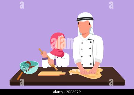 Graphisme dessin plat père et fille arabes heureux portant tablier cuisinier dans la cuisine. Papa et petite fille appréciant pétrir la pâte à gâteau ou la boulangerie t Banque D'Images