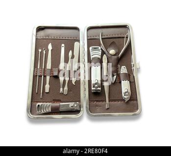 Set de manucure pour homme, outils de manucure pour nail artistes, vue de dessus, isolé Banque D'Images