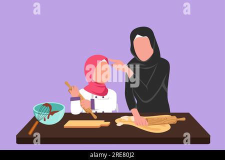 Design plat graphique dessinant mère arabe et fille portant tablier cuisinier dans la cuisine. Maman et sa petite fille aiment pétrir la pâte à gâteau ou tog boulangerie Banque D'Images