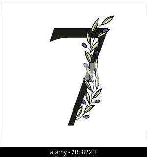 Numéro d'alphabet de branche d'olivier pour le décor de la carte ou invitation de mariage. Illustration dessinée à la main de vecteur pour la conception Illustration de Vecteur