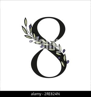 Numéro d'alphabet de branche d'olivier pour le décor de la carte ou invitation de mariage. Illustration dessinée à la main de vecteur pour la conception Illustration de Vecteur