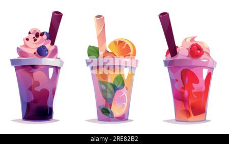 Boisson lactée, thé moussant et café glacé. Tasses en plastique mignons avec des boissons froides avec des fruits, jus, chocolat, tapioca et crème pour le menu de café d'été, ensemble de dessin animé vectoriel Illustration de Vecteur