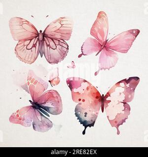 Collection de papillons aquarelle dans les tons de rose sur un fond de papier blanc Banque D'Images