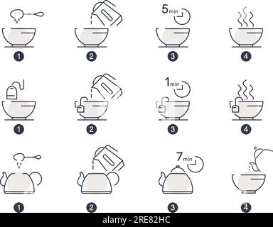 Boissons chaudes et boissons, instructions isolées ou conseils sur la façon de préparer du thé ou du café savoureux. Tasses avec bouilloire et théière. Cuisson et ébullition, pictogramme Illustration de Vecteur