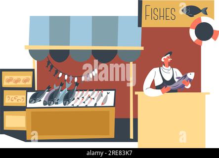 Stalle avec vendeur et assortiment de produits de poisson surgelés. Magasin isolé ou magasin avec des ingrédients pour cuisiner et préparer des plats alimentaires. Océan et mer Illustration de Vecteur