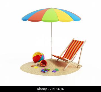 Parasol de plage, chaise longue et jouets de plage isolés sur fond blanc. Illustration 3D. Banque D'Images