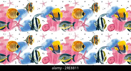 Motif sans couture. Poissons tropicaux, coraux, étoiles et hérissons en rose, dessinés à la main à l'aquarelle sur fond blanc. convient pour l'impression sur tissu Banque D'Images