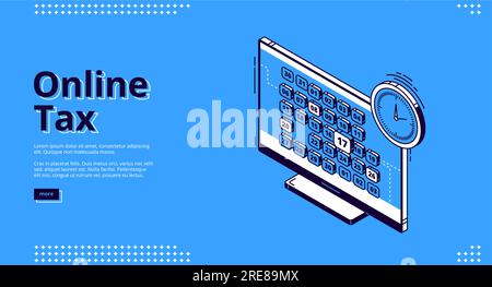 Page de destination isométrique fiscale en ligne. Ordinateur de bureau avec calendrier et horloge. Technologie intelligente pour la comptabilité bancaire, application pour la fiscalité sur Internet, bannière web 3d Vector line art Illustration de Vecteur