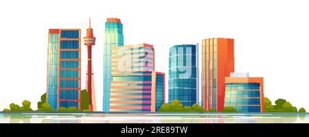 Paysage urbain panoramique bannière vectorisation illustration de dessins animés avec des bâtiments, ville horizon avec gratte-ciel et architecture de tour, paysage de mégapole, ville pittoresque arrière-plan isolé sur blanc Illustration de Vecteur