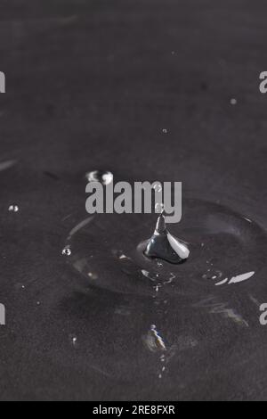 Gros plan de goutte d'eau tombant dans l'eau avec des ondulations et espace de copie sur fond noir Banque D'Images