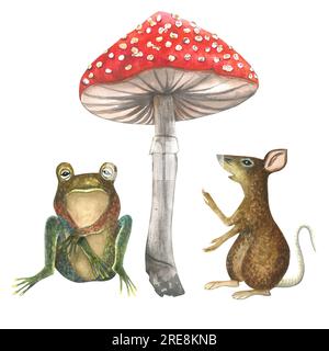 Illustration aquarelle de souris, agaric de mouche et grenouille, composition isolée sur fond blanc Banque D'Images