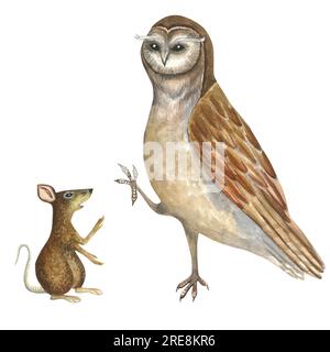 Illustration aquarelle d'un hibou et rat, mouse.Composition isolé sur fond blanc dessiné à la main pour la décoration et la conception de produits souvenirs Banque D'Images