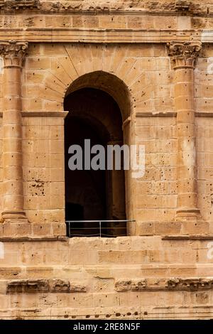 Gros plan. Ruines de l'amphithéâtre romain de Thysdrus, détail architectural. El Jem, Mahdia, Tunisie, Afrique Banque D'Images