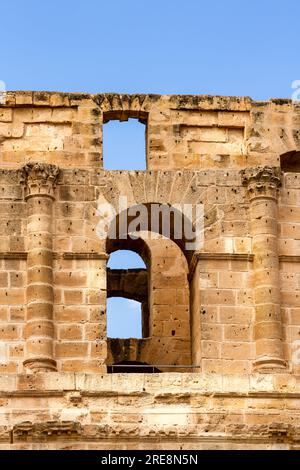 Gros plan. Ruines de l'amphithéâtre romain de Thysdrus, détail architectural. El Jem, Mahdia, Tunisie, Afrique Banque D'Images